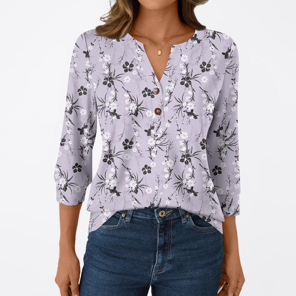 Camiseta Casual de Moda para Mujer Manga 3/4 Estampados Cuello en V Top con Botones