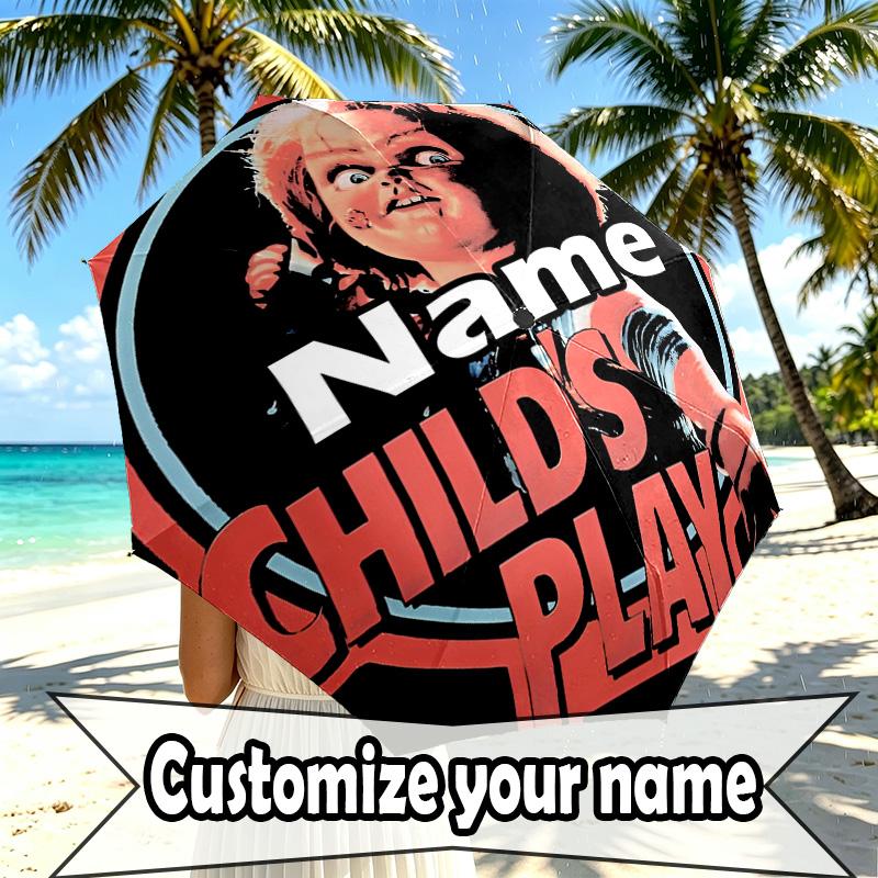 Custom Name Personalized Bride of Chucky Print Umbrella, Auto Open Close, 8‑Rib Sturdy Frame, Commute Camping Hiking Use, Birthday Gift