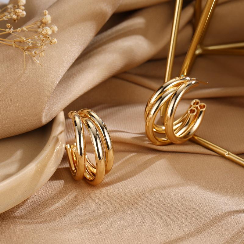 Gold Plated Triple Open Hoop Earrings Polished Shiny Surface Perfect For Daily Wear Office Party Travel