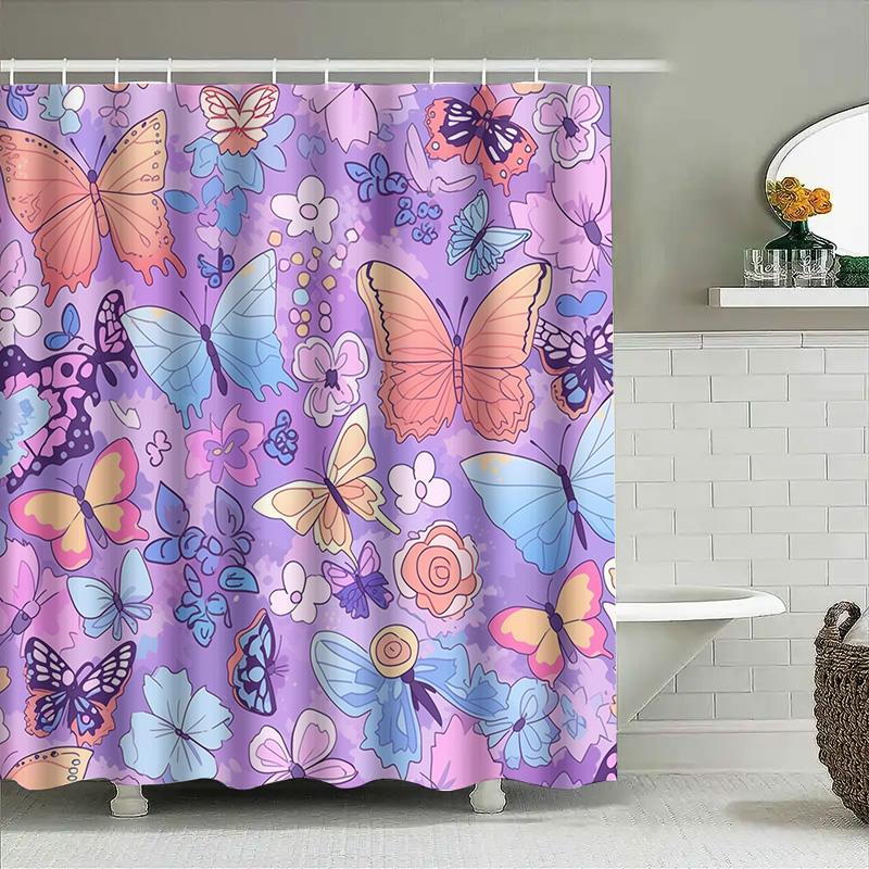 Zasłony prysznicowe z nadrukiem motyli Fioletowy wzór kwiatowy do dekoracji łazienki Tkanina z nadrukiem 3D Wodoodporna zasłona prysznicowa Home Deco