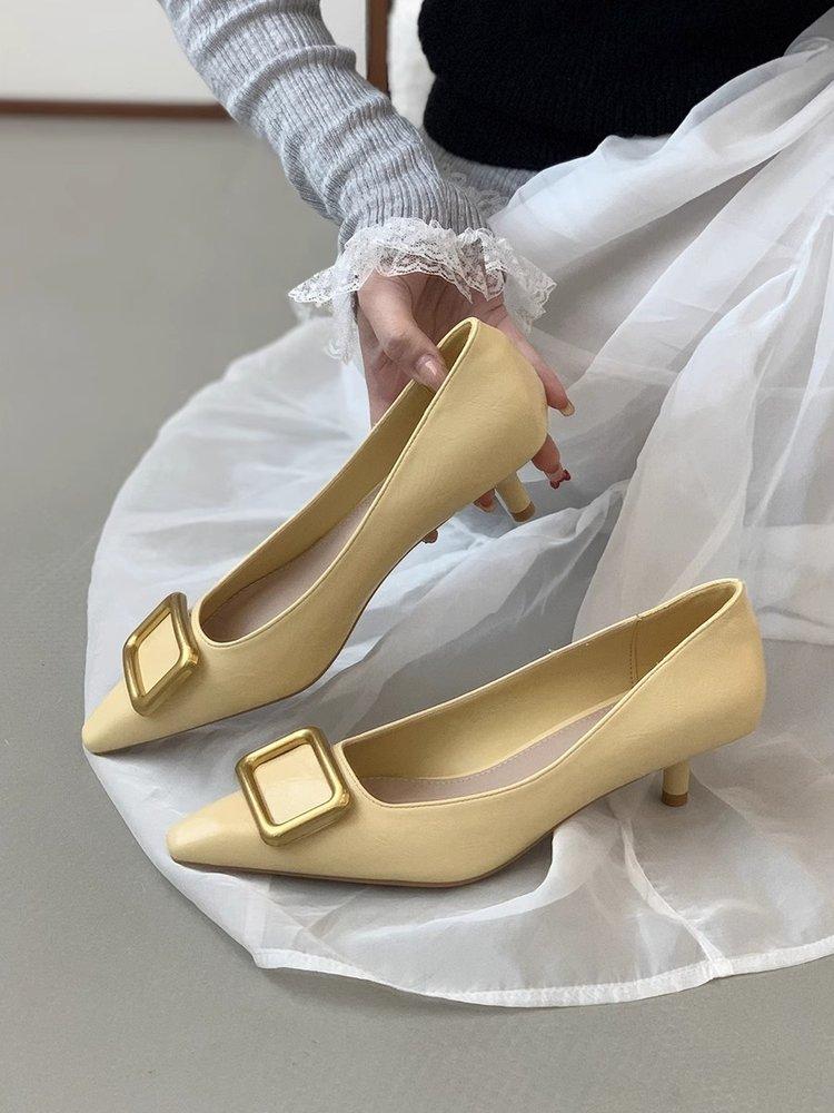 Korean Version of Pointed Thin Heel Low Heel Single Shoes Women's 2025 Spring New Pointed Metal Square Buckle Light Mouth Low Heel High Heels