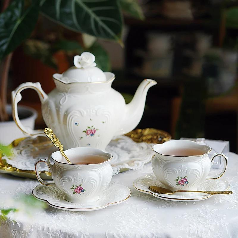 English Teapot Set European Vintage Flower Tea Cup Court Style Ceramics Coffee Cup Saucer Pot Home Exquisite Drinking Utensils