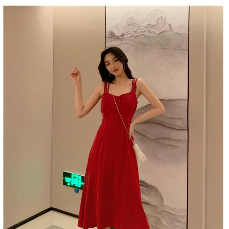 YYFS Dámská móda Léto Jaro Jednobarevný potisk Podvazky bez rukávů Ležérní šaty s vysokým pasem