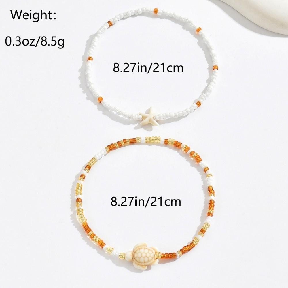 2Pcs Starfish Beaded Beaded Anklets Chain Set Bohemian Style Foot Bracelets  Jewelry Accessories