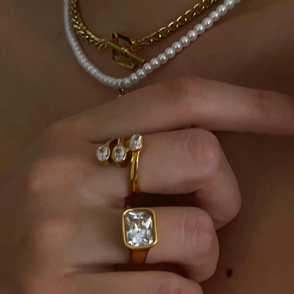 Zircon Ring for Women 18K Gold Plated Stainless Steel Geometric Circle Finger Ring Luxury Waterproof Wedding Jewelry Gifts