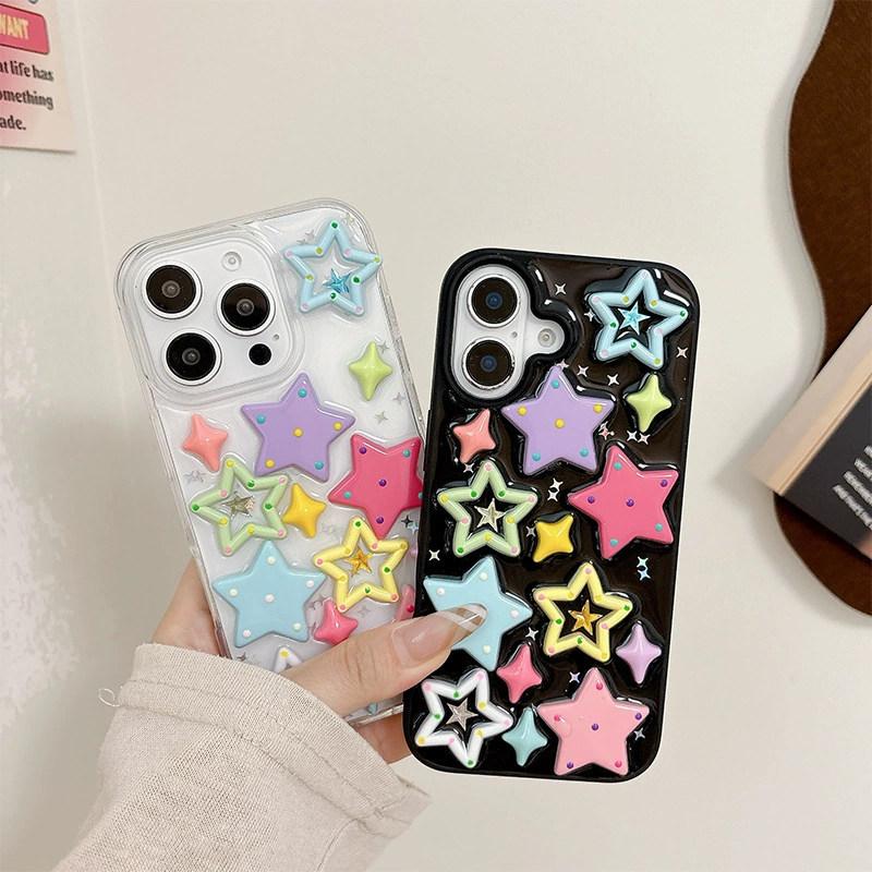 Glitter Bling 3D Dopamine Stars Protection Case For iPhone17 Air 16 E 15 14 13 12 11 Pro Max Plus X XR 7/8 SE Lovely Epoxy Transparent Acrylic Cover