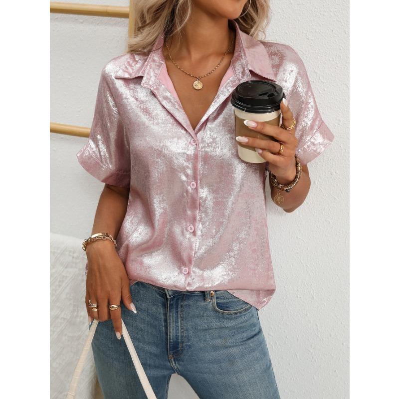 Women Lapel Short Sleeve Shirt Metallic Shiny Fabric Single Breasted Loose Vacation Casual Blouse