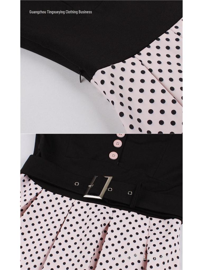 Stippen Revers Korte Mouwen Met Riem Afslankende Jurk voor Dames - Lente/Zomer Mode