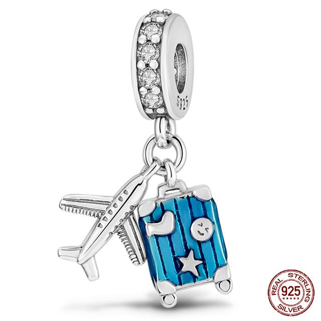 Fit moda 925 pulseiras originais 925 prata azul astronauta aeronaves encantos de viagem contas pingentes para mulheres moda jóias diy