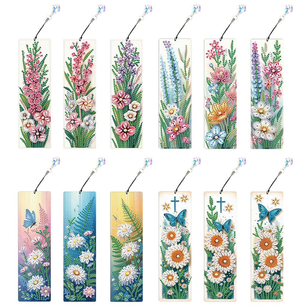 12Pcs Flower Animal DIY Diamond Painting Bookmark with Crystal Pendant Diamond Art Bookmark for Book Lovers Beginners & Adults