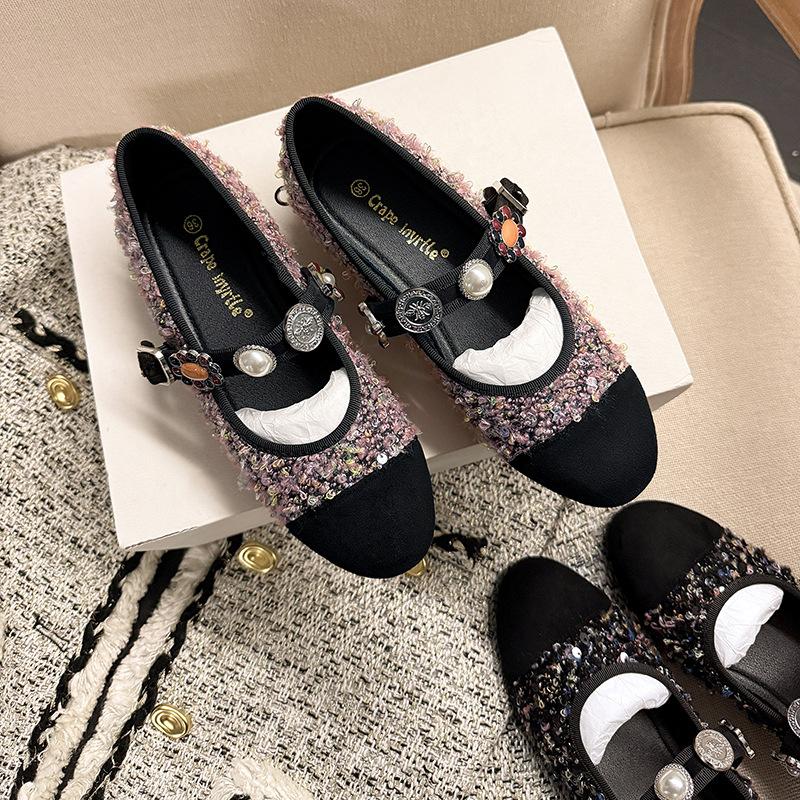 The Same Style As the Grape Mother, French Square Head Tweed, Small Thick Heel Badge, Genuine Leather Mary Jane Single Shoes, Women's Spring and 