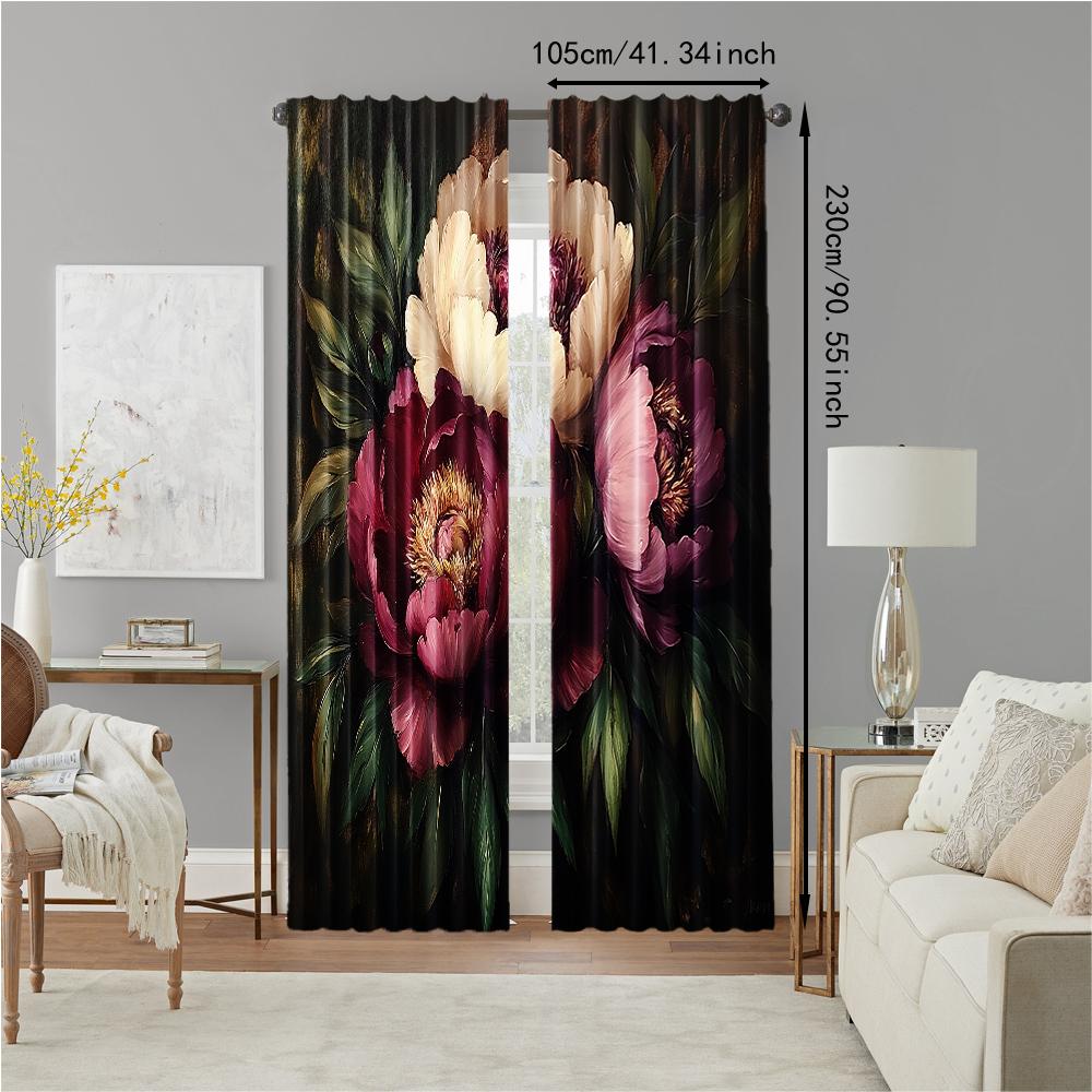 2 pcs   versatile polyester transparent curtains for home decoration Romantic Peony Floral for use in bedrooms and living rooms