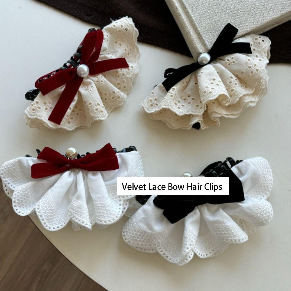 Hair Clips Red Velvet Bow Hair Clip Pearl Bow Vertical Clip Sweet Lace Bow Hairpin  Gift