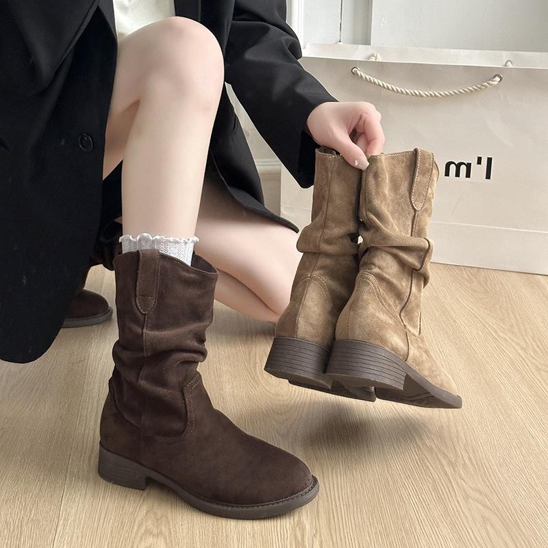 Pleated Stacking Boots 2025 New Summer Thick Heel V Mouth Thin Versatile Low Tube American Retro Western Cowboy Boots