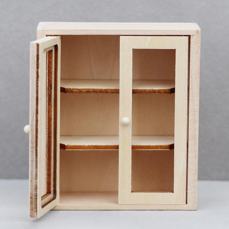 1:12 Dollhouse Miniature Double Door Cabinet Bookcase Storage Rack Mini Wooden Wall Mounted Display Shelf Furniture Model Toys