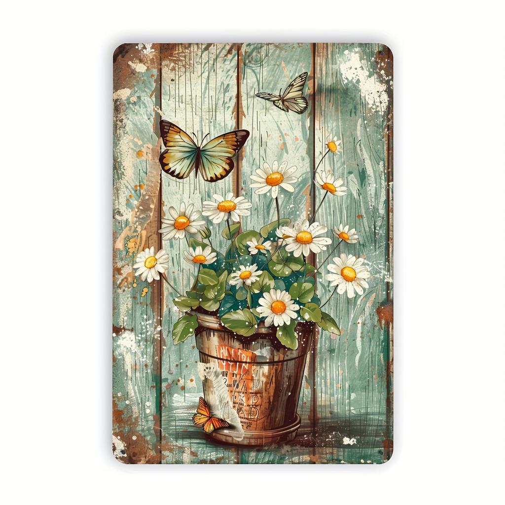 Rustic Vintage Metal Wall Art Sign Distressed Green Wood Plank Design with White Daisies Flower Pot Butterflies