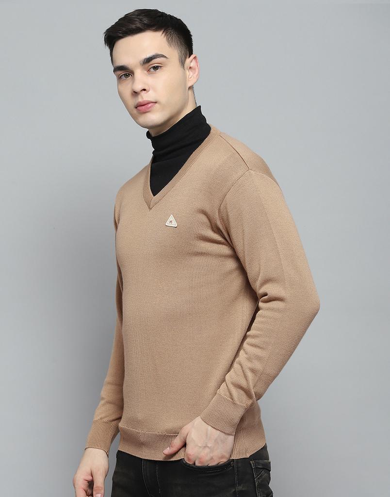 MONTE CARLO Mens Solid Khakhi V Neck Full Sleeve Pullover