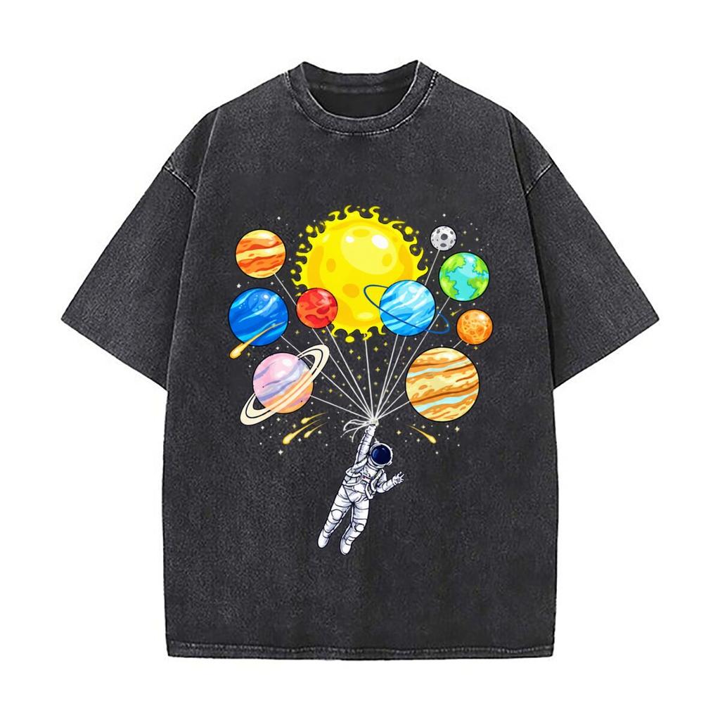 Astronaut Colorful Planets Solar System Space Illustration Distressed Vintage Oversized Streetwear Tops for Coffee Dates