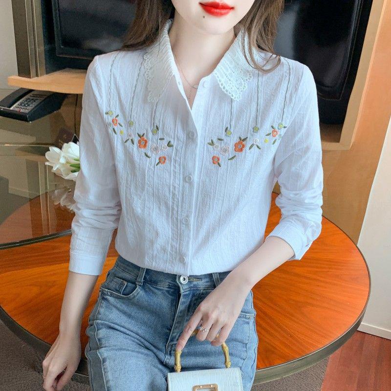 

Женская модная рубашка из чистого хлопка с вышивкой на осень 2024 года, с длинным рукавом 2XL белый