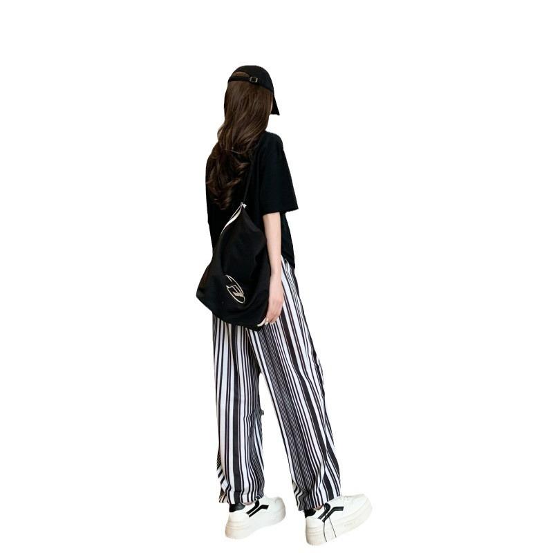 Printed ice Silk Cool Wide Leg Pants Women's Summer Thin New High Waist Drop Tie Sports Casual Pants