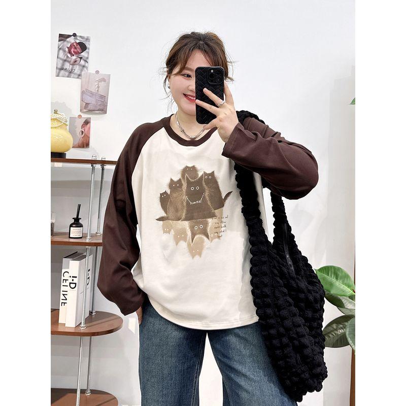 Plus-Size Women's Raglan Sleeve Patchwork Long-Sleeve T-Shirt Top, Spring and Autumn 2026 New Style, Slimming Base Layer for Slightly Chubby Women