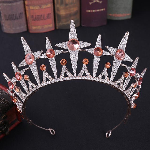 Fashion Rose Gold Peach Color Crystal Rhinestone Wedding Hair Accessories Queen Princess Diadems Women Tiara Crown Head Jewelry