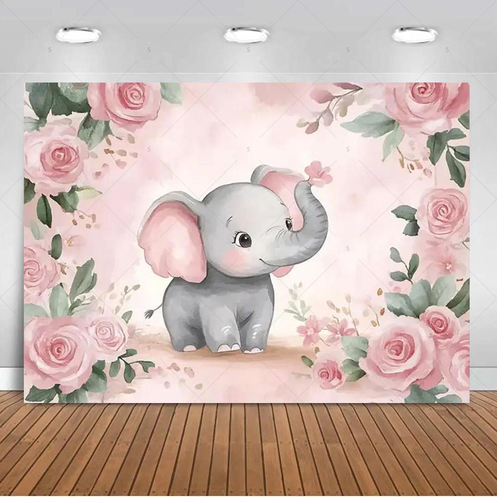 Cartoon Elephant Flower Photography Backdrop Kids Birthday Party Decor Background Baby Shower Supplies Newborn Photo Shoot Props