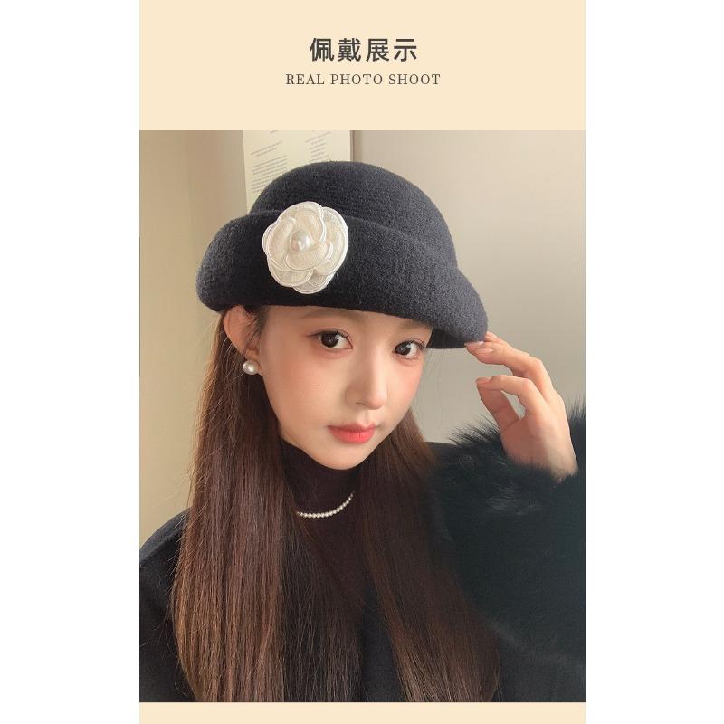 Women S French Style Short Brim Pearl Flower Warm Painter Hat Autumn Winter