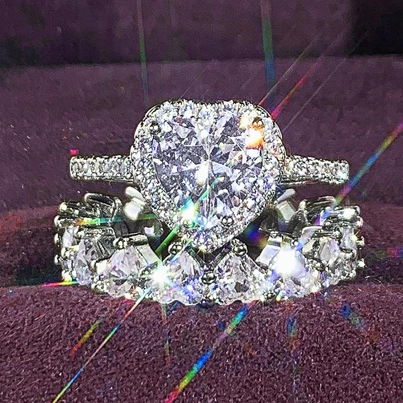 

Huitan 2Pcs Set Heart Shape Zirconia Rings Female Romantic Double Stacked Fashion Zircon Luxury Bridal Wedding Accessories 6