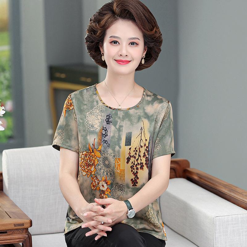 

Women s Summer Silk T-shirt Blouse - Loose Short-Sleeve Top for Middle-Aged Mothers L (recommended 80-100 jin) зелений