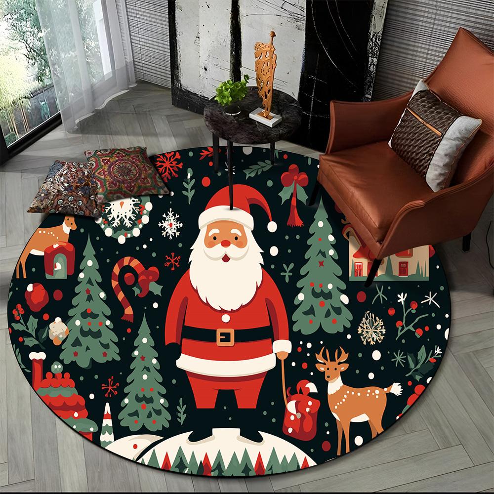 Merry Christmas Cartoon Santa Claus Snowman New Year Round Carpet Rug for Bedroom Living Room Sofa Decoration,Decor Floor Mat