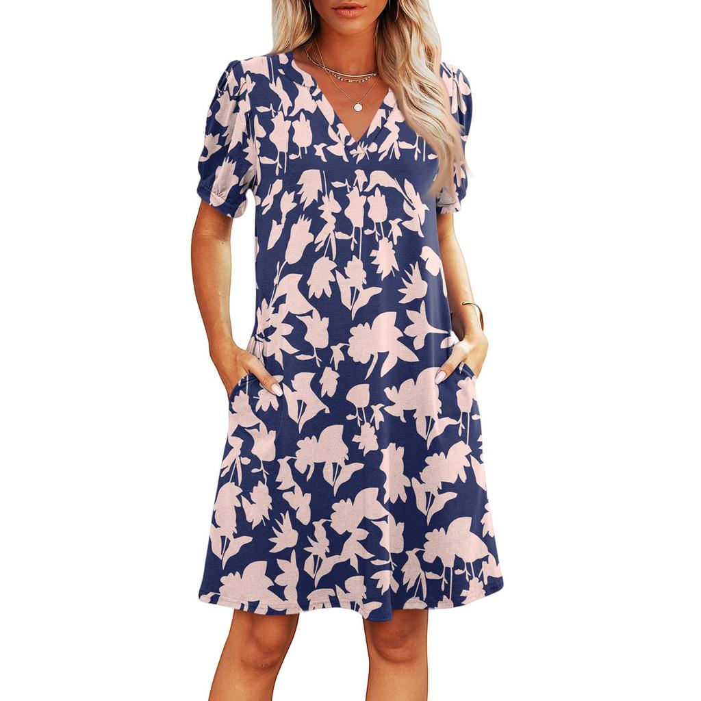 Women's Summer V-Neck Casual Beach Dresses Pod Short Sleeve Vintage Floral Print Dresses