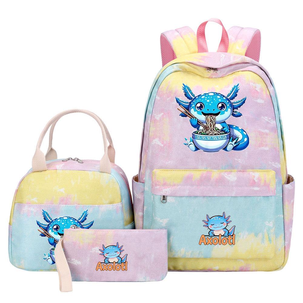3Pcs Axolotl Backpack for Girls Teen, School Bag with Lunch Box & Pencil Case, Kids Student Daypack, Mochila Back To School Gift