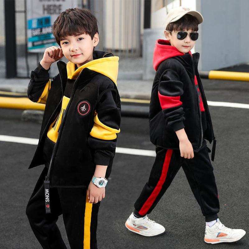4-12 Jahre Jungen Doppelseitige Samtsets Kinder Mode Kapuzenanzug Kinder Herbst Winter Jacken+Hosen 3-teilige Outfits Teenager Freizeitkleidung