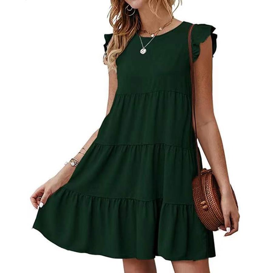 New Summer Solid Color Crew Neck Short Sleeve Dress Casual Ruffled High-Waisted Swing Dress