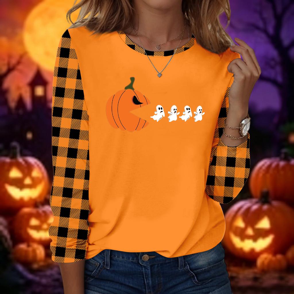 Women's Casual Long Sleeve Halloween Print Round Neck T-Shirt for Fall Everyday Wear