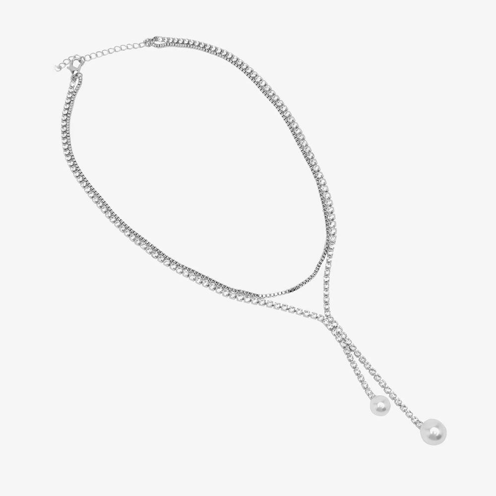 Trend Pearl Necklace Summer High Sense Multi-Layer Rhinestone Fringed Collarbone Chain Women S Necklace серебряный