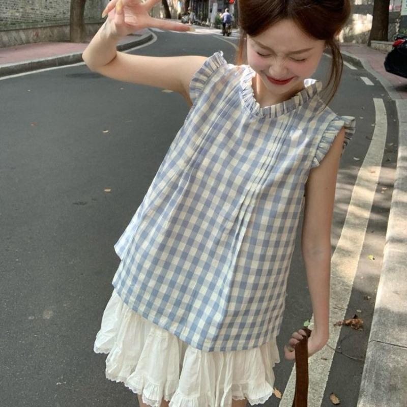 Women's Sleeveless Shirt Korean Version Loose Round Neck Plaid Pleated Famale Shirts Summer Daily Comfortable Sweet Beauty Style Ladies Top