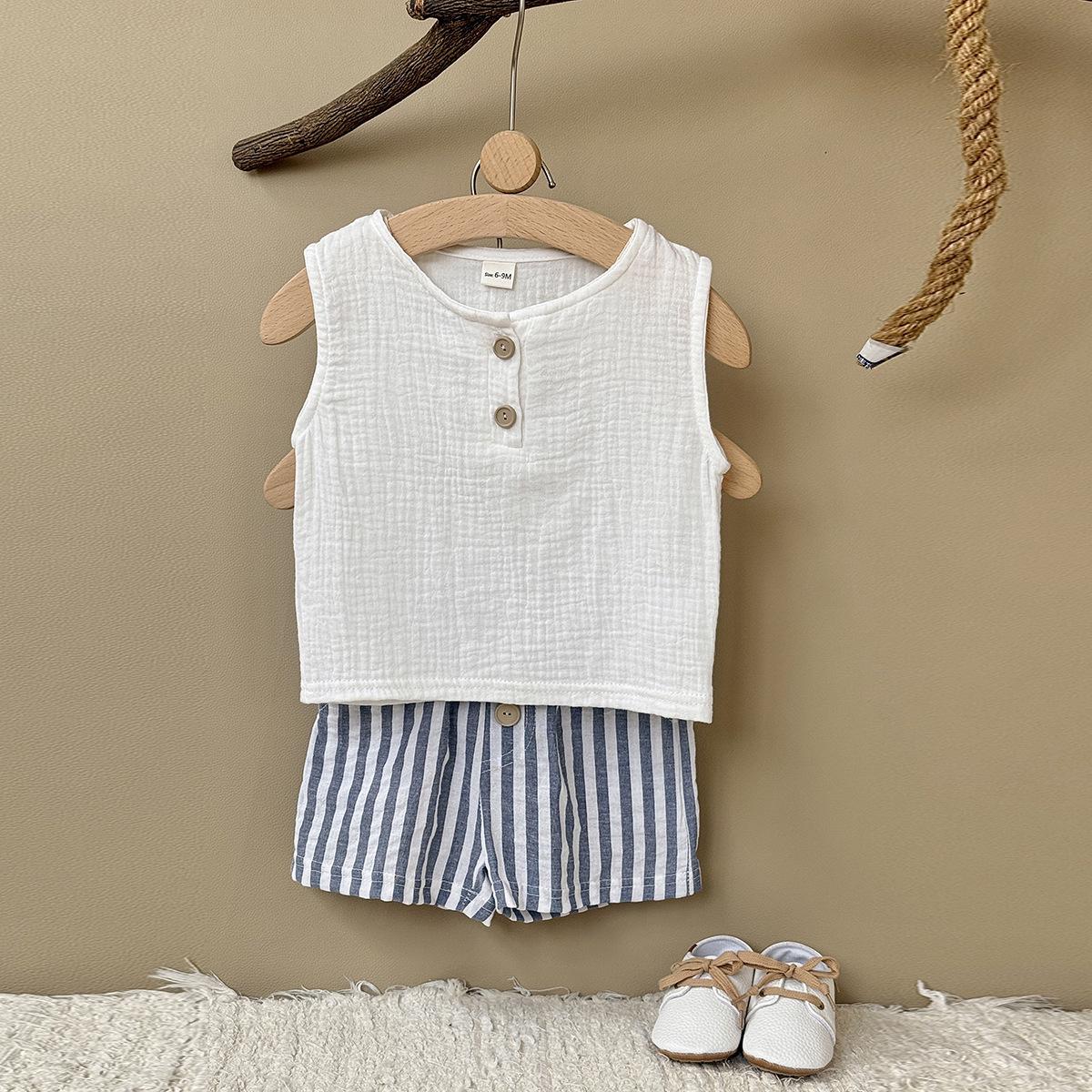 Korean Style 2026 Trendy Kids Summer Set: Solid Tee + Striped Shorts for Boys & Girls 66cm/6-9 Months