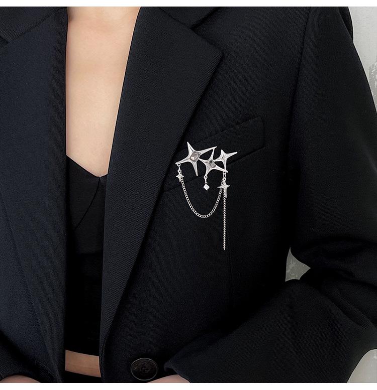 Korean Metallic Star Chain Brooch with Tassel - Niche Fashion Accessory