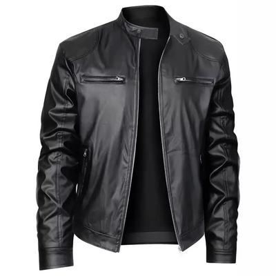 2024 Men's Slim Fit Leather Stand-up Collar Motorcycle Jacket with Zipper Pockets, Plus Size Available.