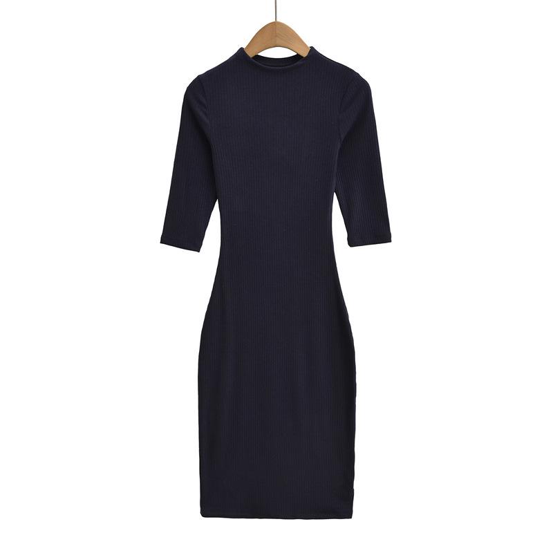 Women's Elegant Ribbed Knit Bodycon Dress - Pink, Long Sleeve, Mid-Length, Summer Style