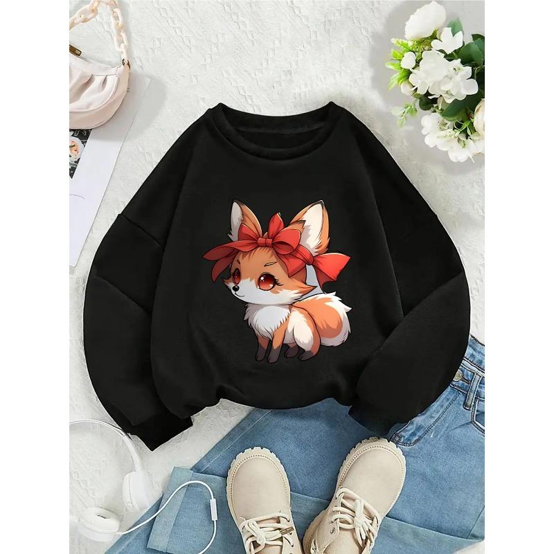 European sizes Crewneck Sweatshirt for Kids Featuring an Adorable Fox with a Red Bow, Sports And Casual Wear Is Soft, Comfortable