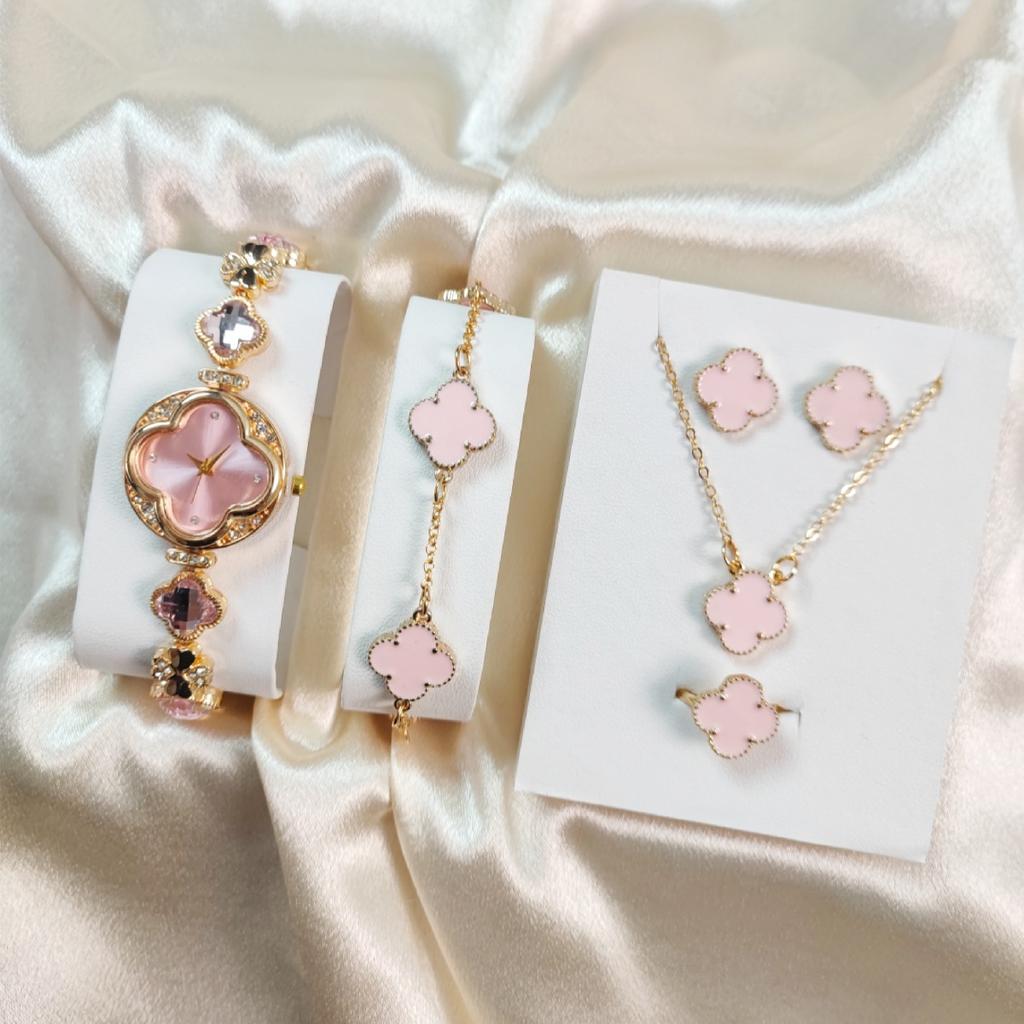 5PCS Women's Clover Minimalist Watch Set Women's Quartz Watch with Bracelet, Necklace, Ring, Earring Gift Box, Luxury Watch