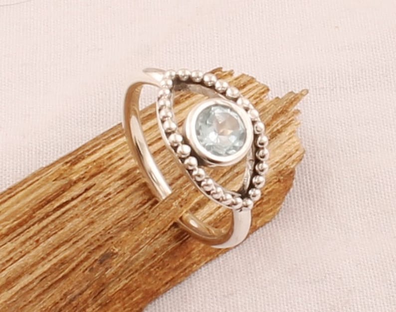 Solid 925 Sterling Silver Blue Topaz Gemstone Boho Designer Evil Eye Birthstone Gift Wedding Ring Jewelry