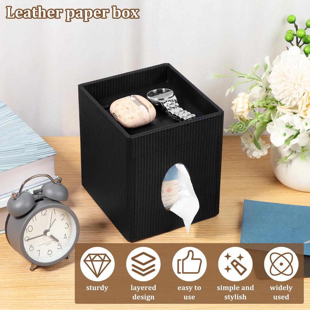 2 In 1 Square Tissue Box Cover PU Leather Cube Facial Tissue Dispenser with Top Tray Desktop Decoration for Home Bathroom Office