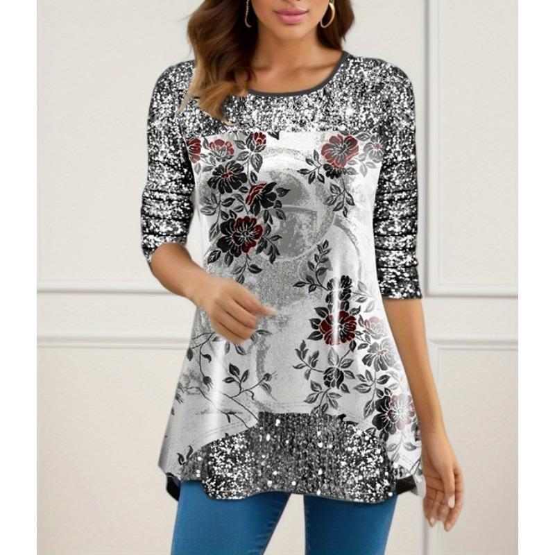 

VEZFAA Женская мода Повседневная весна-осень Цветочный узор Принт Длинные рукава О-образный вырез Блузки и рубашки M белый