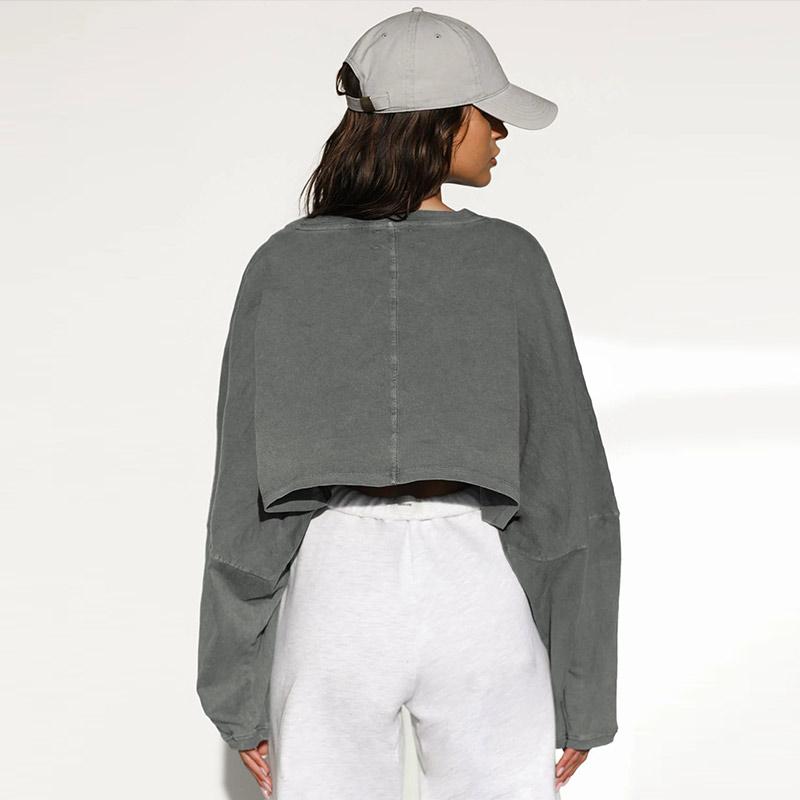 Løstsittende rund hals cropped sweatshirt dame avslappet langermet basis sportsskjorte høst vinter ensfarget kort genser