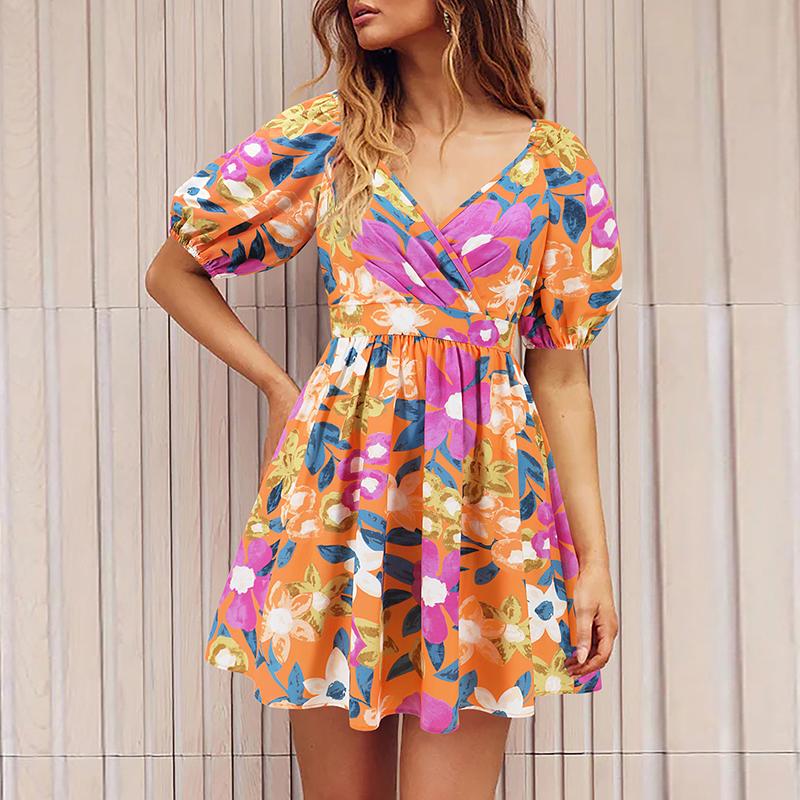 Women Summer Floral Printed V-Neck  Puff Sleeves Cut Out Casual Short Swing Dresses