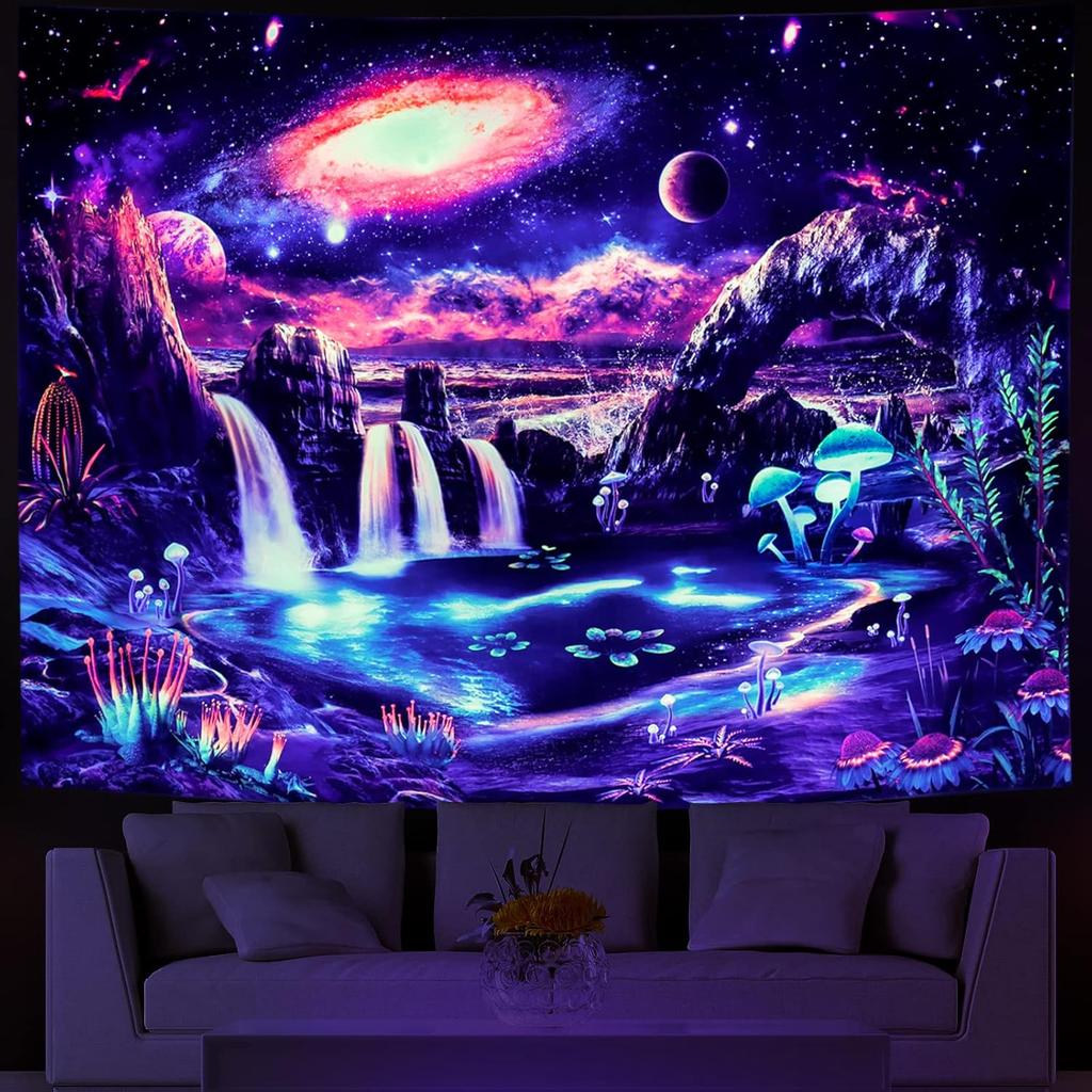 Lahasbja Blacklight Galaxy Planet Tapestry UV Reactive Waterfall Landscape Tapestry Mountain Wave Wall Tapestries Neon Nebula Plants Wall Hanging for